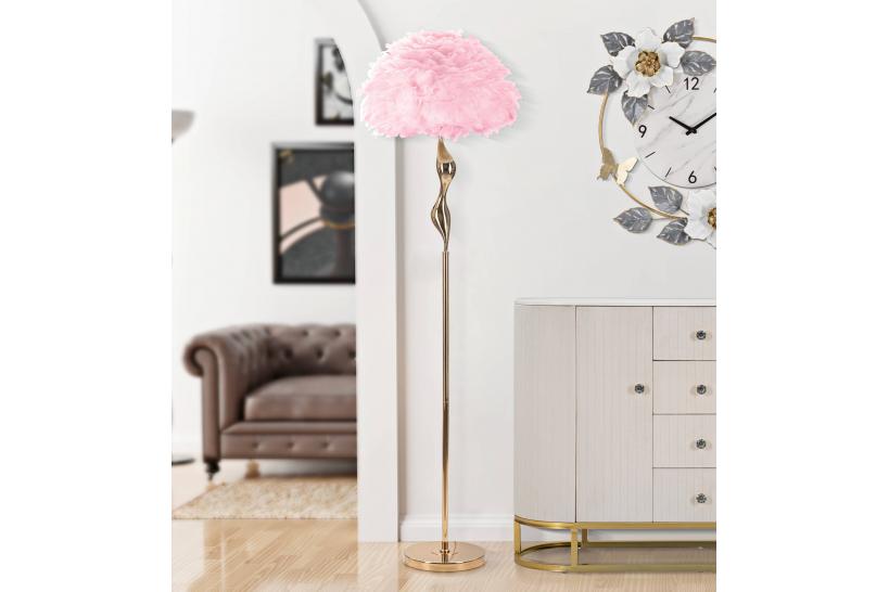 Piantana in metallo dorato con elegante decorazione morbida e sinuosa completa di paralume composto da piume