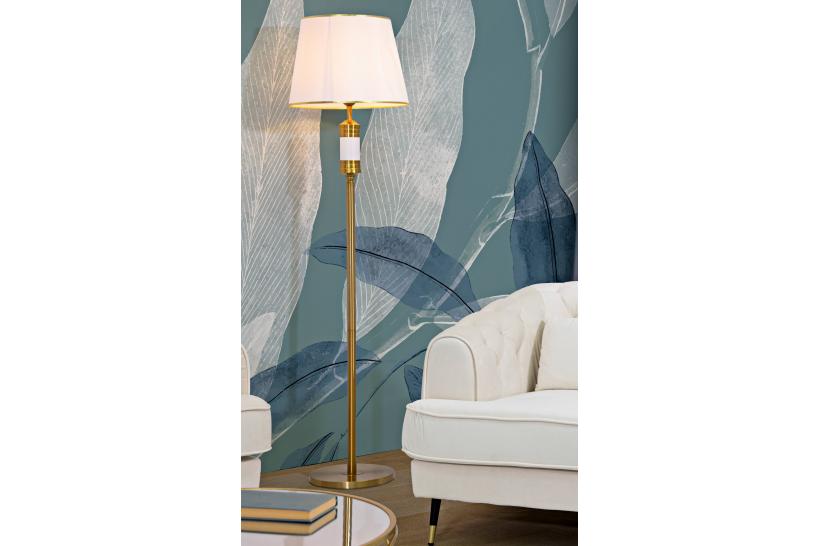Piantana in metallo dorato con elegante decorazione bianca e con base rotonda