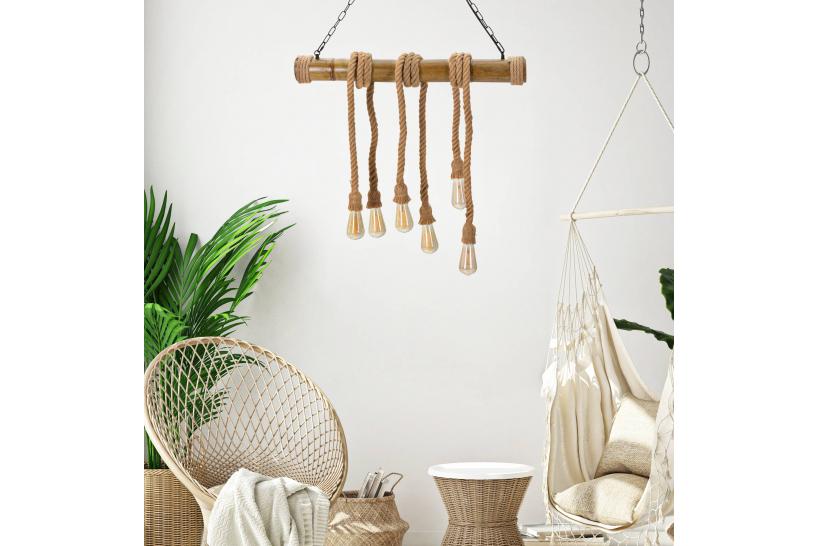 Lampadario in metallo, bamboo e corda con 6 punti luce dal design semplice