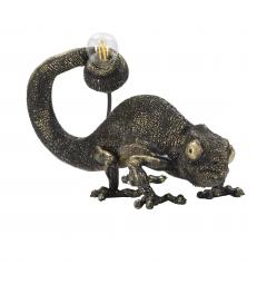 Lampada da tavolo in resina a forma di camaleonte che tiene la lampadina con la coda