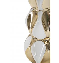 Lampada da tavolo in ceramica bianca e dorata completa di paralume in tessuto bianco