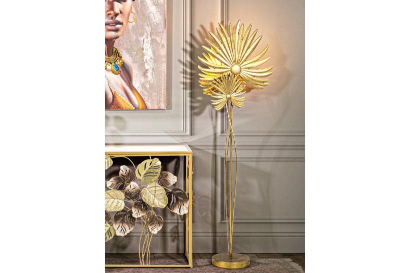Piantana in metallo dorato con base rotonda dal design ispirato alle foglie Piantana in metallo dorato con base rotonda dal design ispirato alle foglie