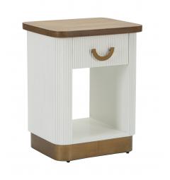 Comodino in legno bianco con piano e inserti in legno marrone dal design arrotondato