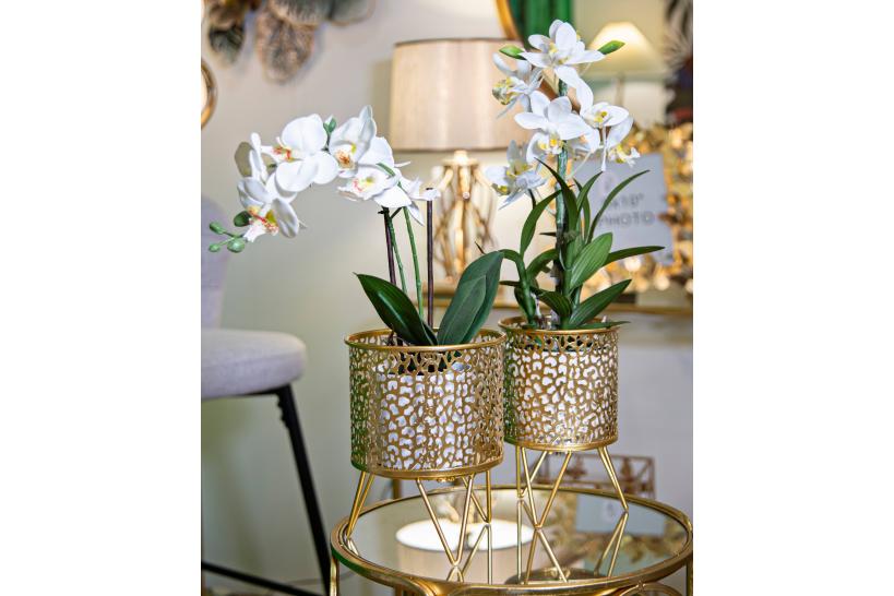 Coppia di portavasi in metallo dorato decorati con intagli irregolari e arrotondati Coppia di portavasi in metallo dorato decorati con intagli irregolari e arrotondati