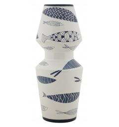 Vaso in ceramica bianca con pesci e decorazioni blu che richiama il mare