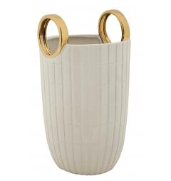 Vaso in ceramica bianca con eleganti quadretti in rilievo, impreziosito da due anelli dorati