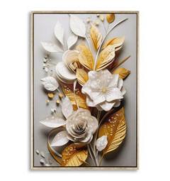 Dipinto su tela fiori e foglie telaio in legno e cornice in metallo oro - Arrediorg