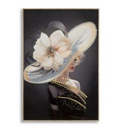 Dipinto su tela telaio in legno e cornice in metallo oro donna cappello con fiore - Arrediorg