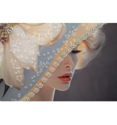 Dipinto su tela telaio in legno e cornice in metallo oro donna cappello con fiore - Arrediorg