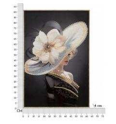 Dipinto su tela telaio in legno e cornice in metallo oro donna cappello con fiore - Arrediorg