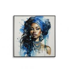 Dipinto su tela donna che indossa un turbante blu e gioielli - Arrediorg
