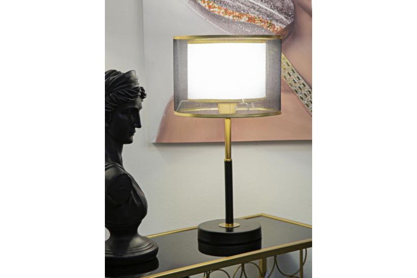 Lampada da tavolo in metallo nero e oro paralume in tessuto a due livelli - Arrediorg Lampada da tavolo in metallo nero e oro paralume in tessuto a due livelli - Arrediorg
