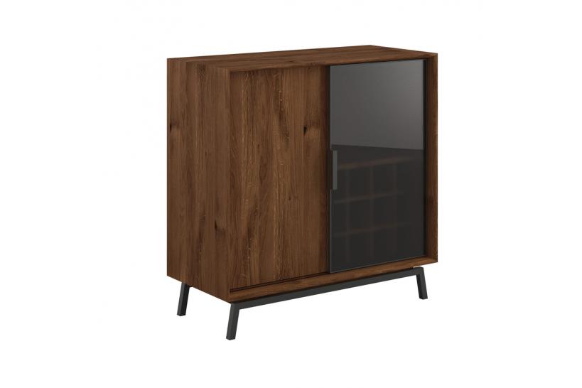 Mobile bar in rovere massello tabacco e vetro con portabottiglie