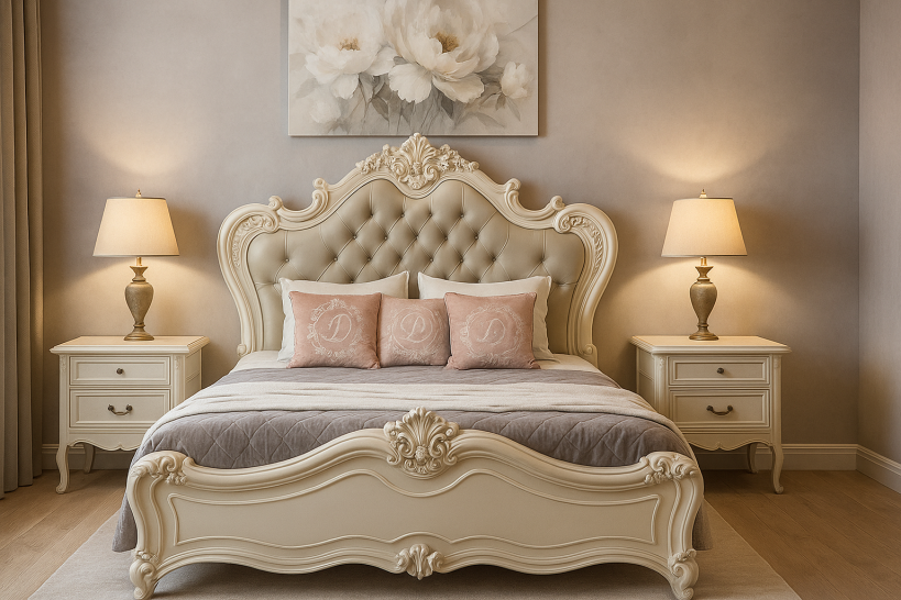 Letto classico imbottito con cornice in legno avorio 180 X 200 BELLA 976