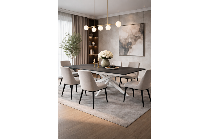 Tavolo da Pranzo di Design Piano Scuro e Base Bianca