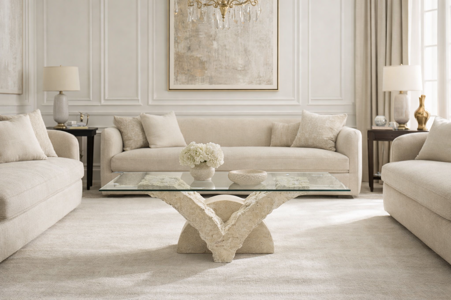 Tavolino moderno in pietra e vetro