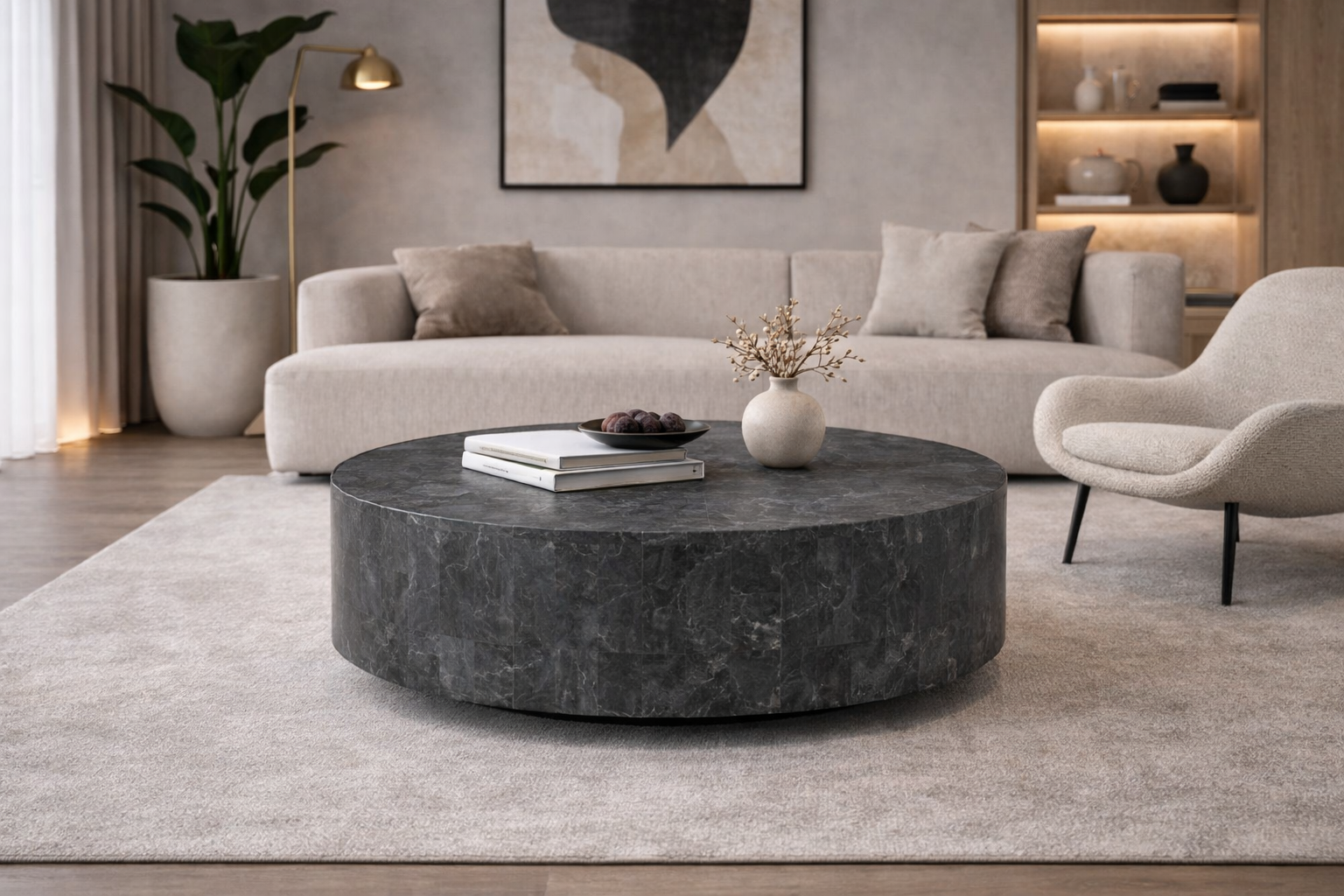 Tavolino moderno in pietra grigia rotondo
