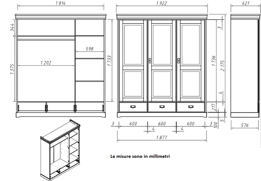 armadio bianco shabby toscano 3 ante cassetti