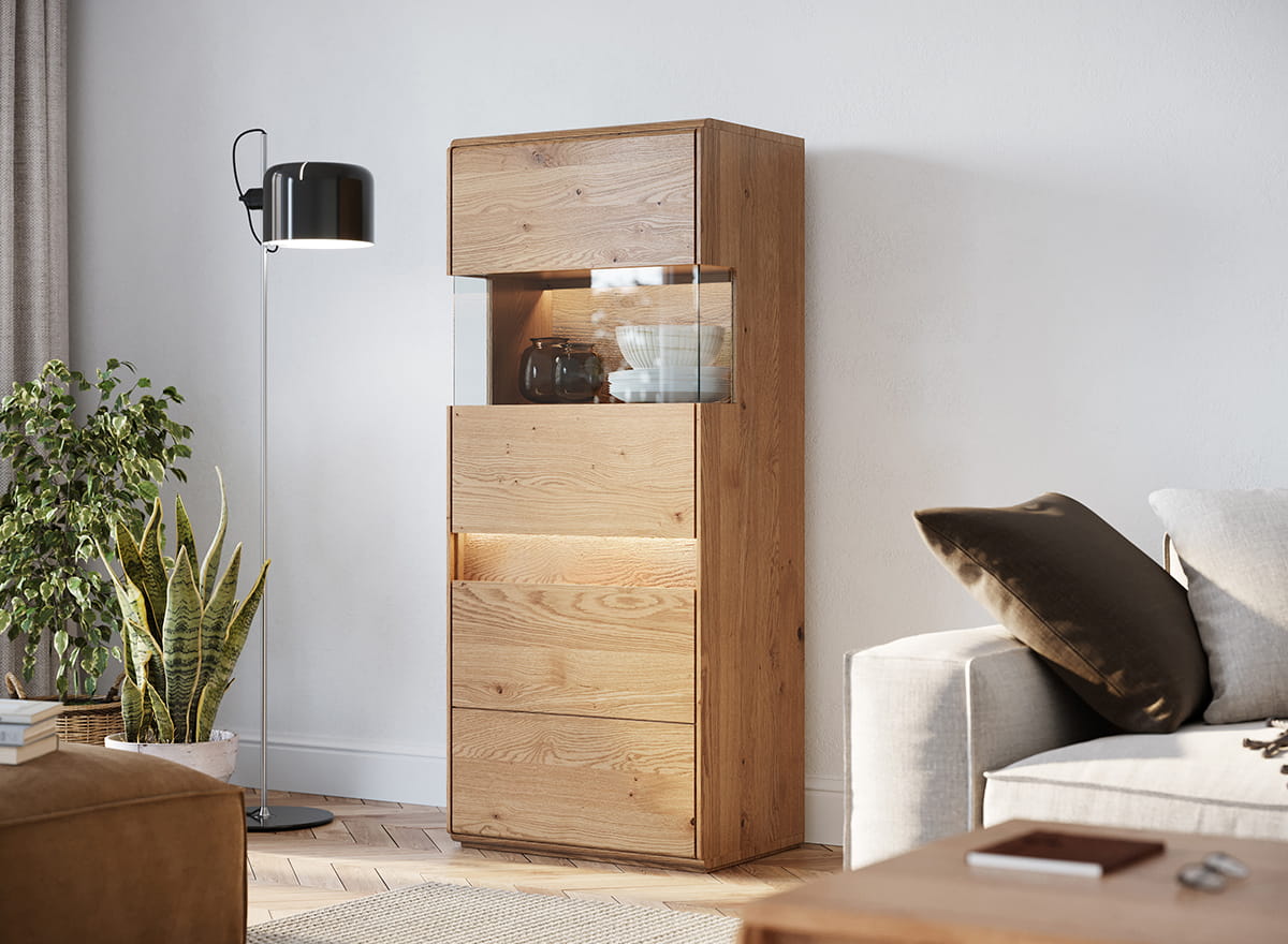cristalliera bassa moderna 1 anta destra in legno naturale rovere massello