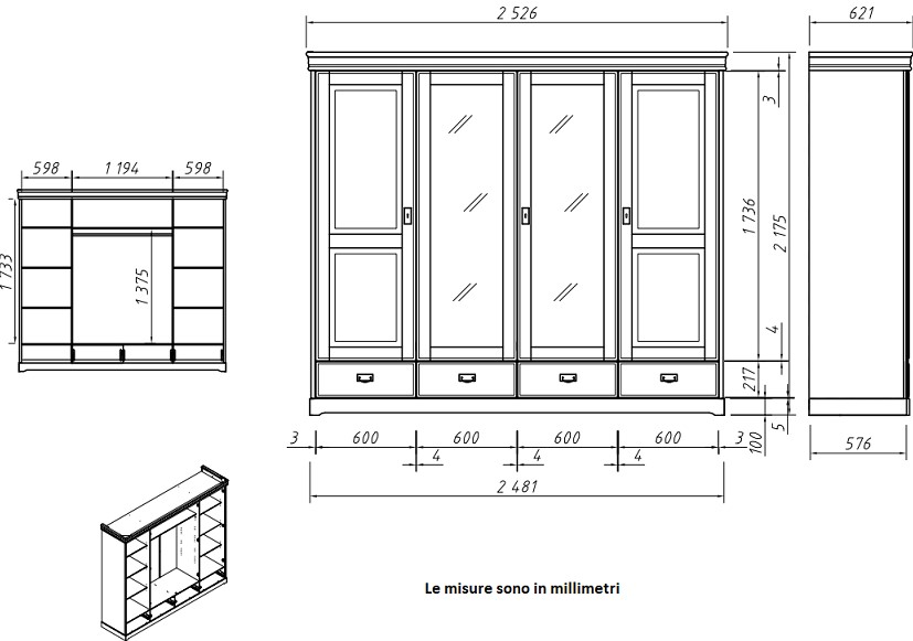 armadio 4 ante specchiera cassetti pino bianco top miele shabby toscano