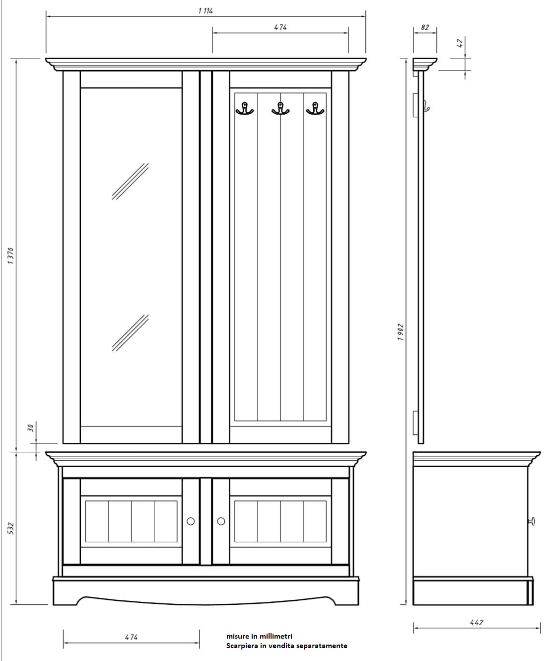 attaccapanni con specchio da parete shabby chic pino massello bianco