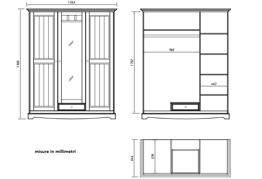 armadio shabby chic 3 ante bianco rovere con specchio