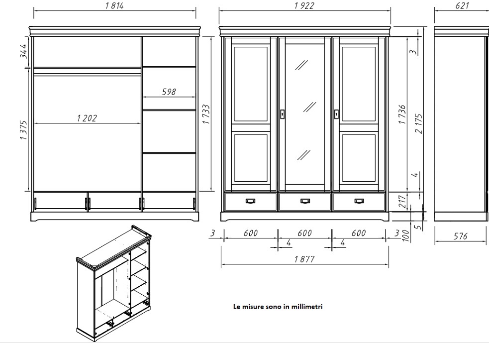 armadio bianco shabby toscano 3 ante specchio cassetti