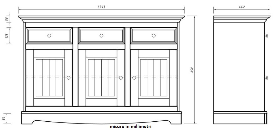 mobile buffet shabby chic pino massello bicolore bianco noce