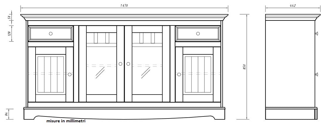 credenza con ante a vetri bianca e rovere shabby chic pino massello