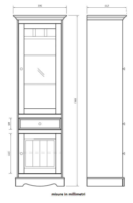 vetrina alta shabby chic bianca e noce pino massello 1 anta destra