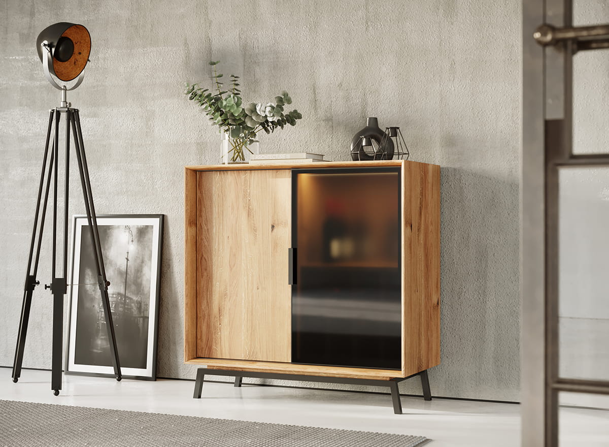 credenza legno naturale moderna rovere massello oliato e vetro