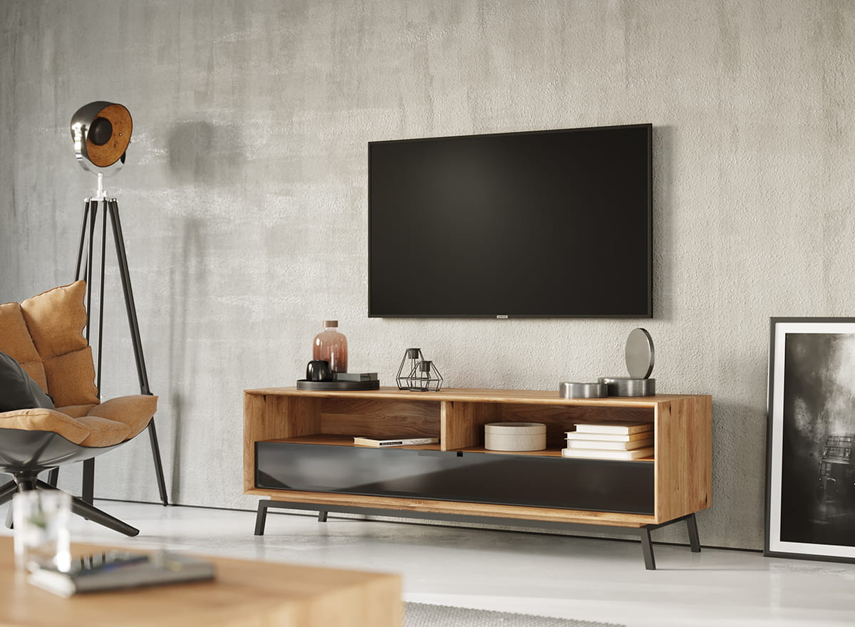 porta tv legno naturale moderno rovere massello vetro grafite