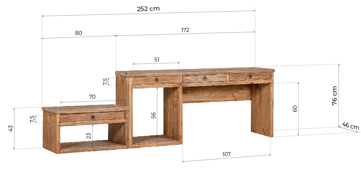 scrivania legno vintage stile nordico con cassetti e contenitore