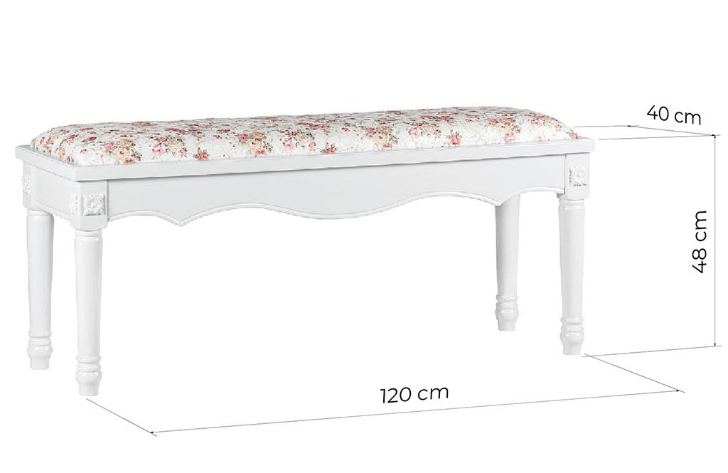 panca fondo letto bianca legno stile provenzale con cuscino a fiori PRINCESS