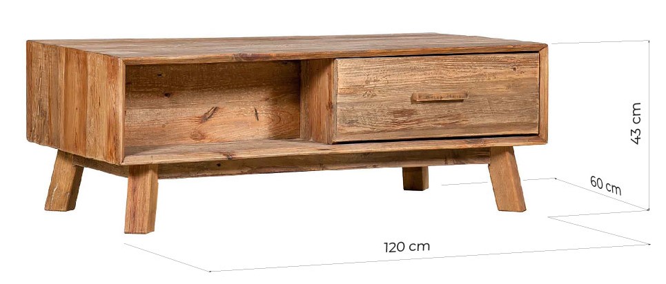 tavolino salotto rustico legno naturale con cassetti