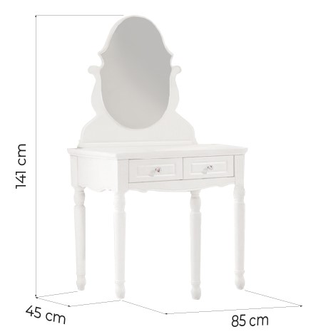 toeletta provenzale con specchio in legno bianco e cassetti misure